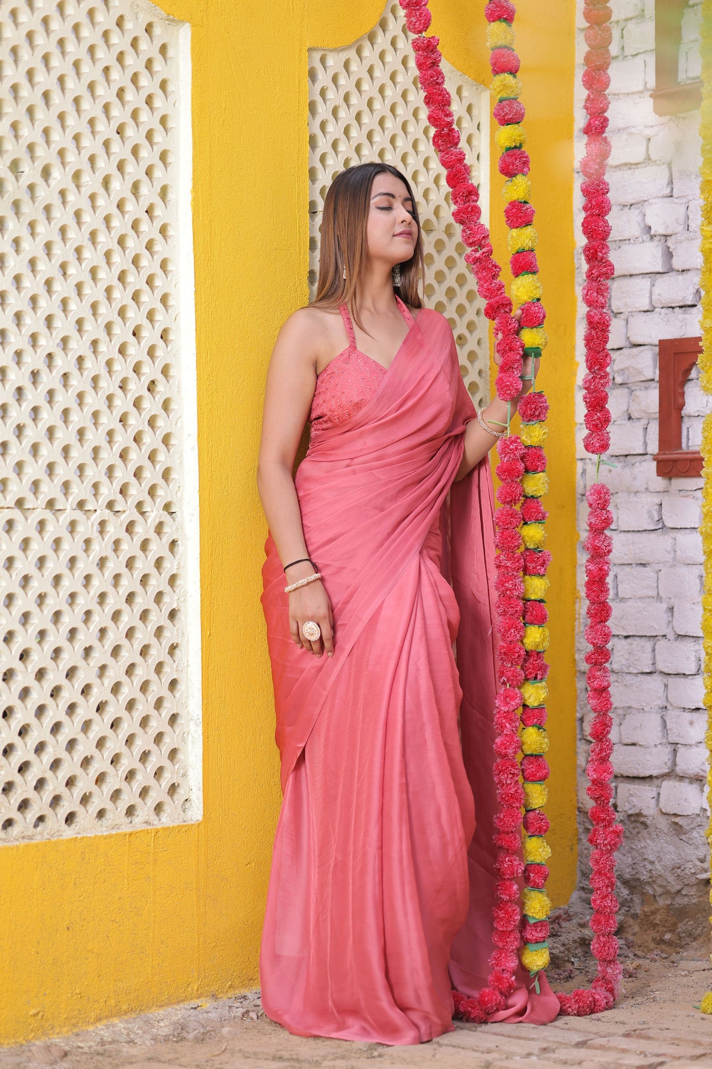 Dusty rose color chiffon saree with blouse