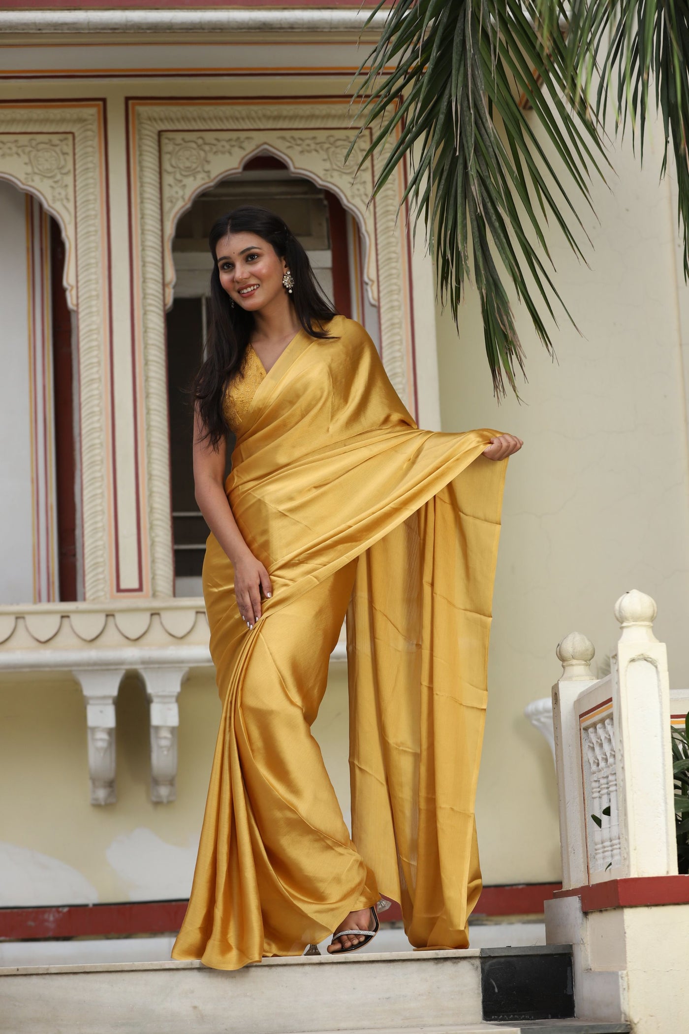Mustard yellow color chiffon saree with blouse