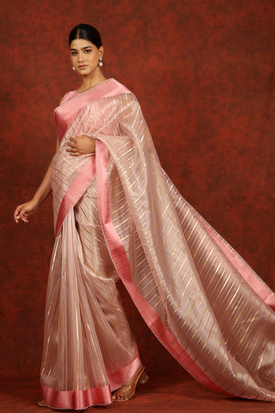 Rose pink color organza Saree with silver foil print Stripes