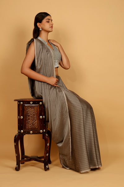 Gray color tussar silk saree with silver strips