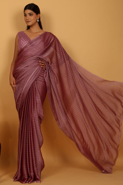 Onion color tussar silk saree with silver strips