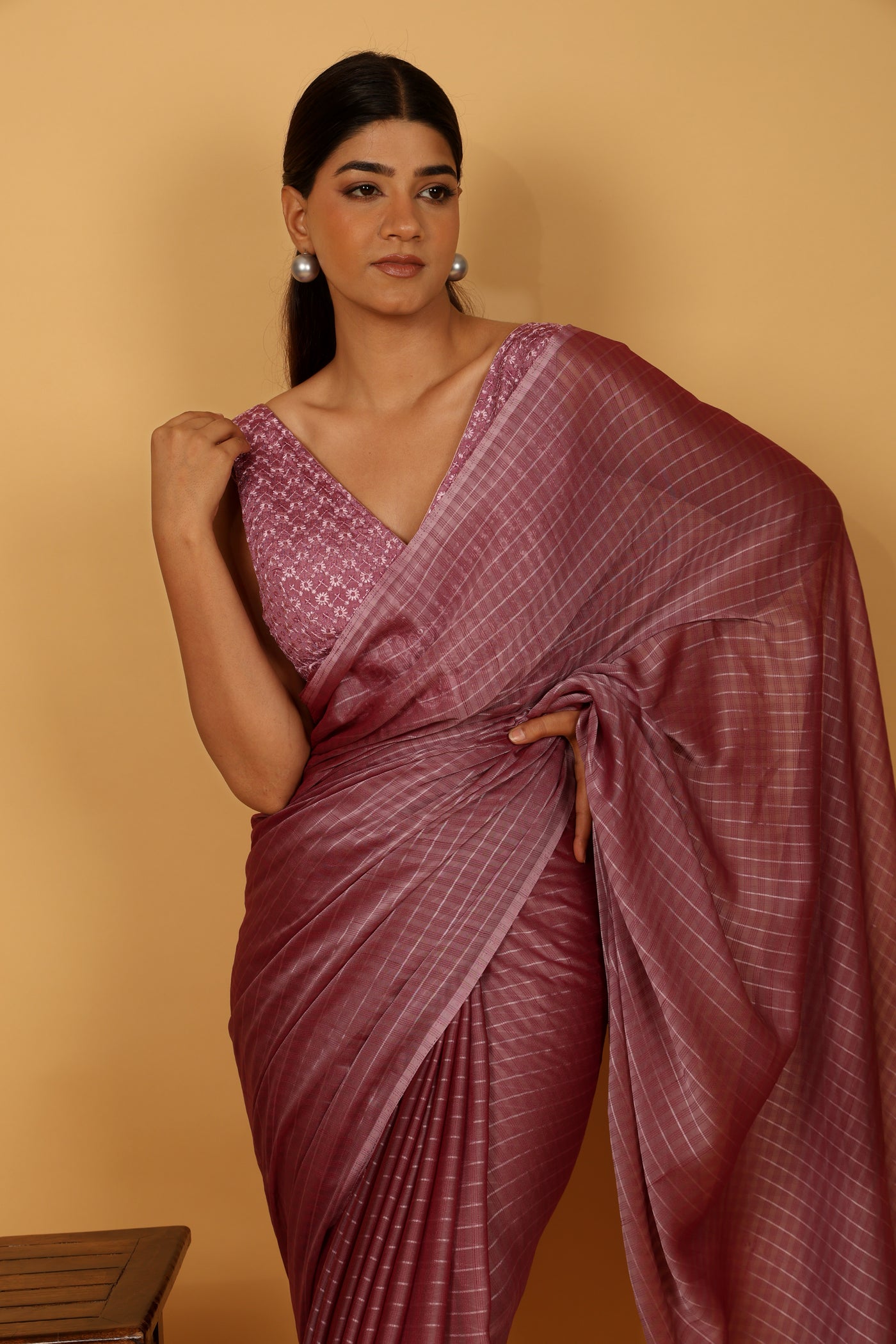Onion color tussar silk saree with silver strips