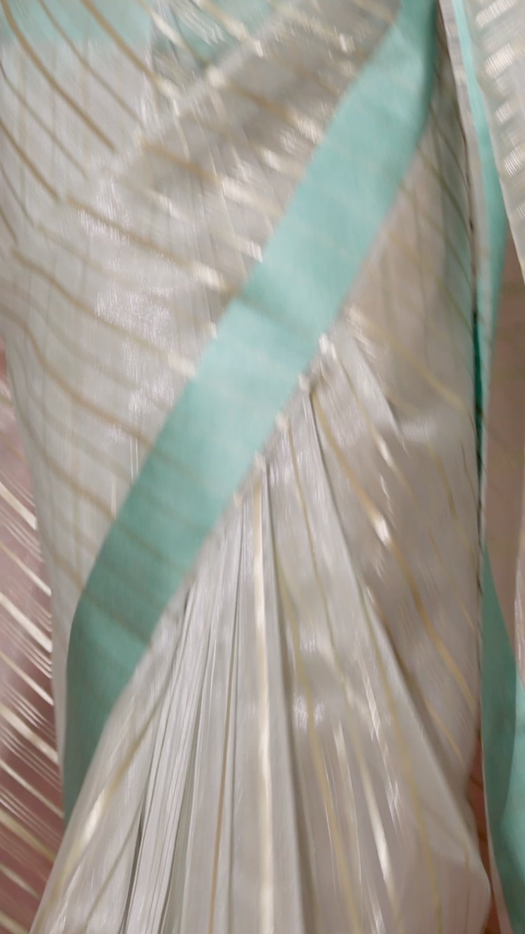 Ocean green color organza Saree with silver foil print Stripes