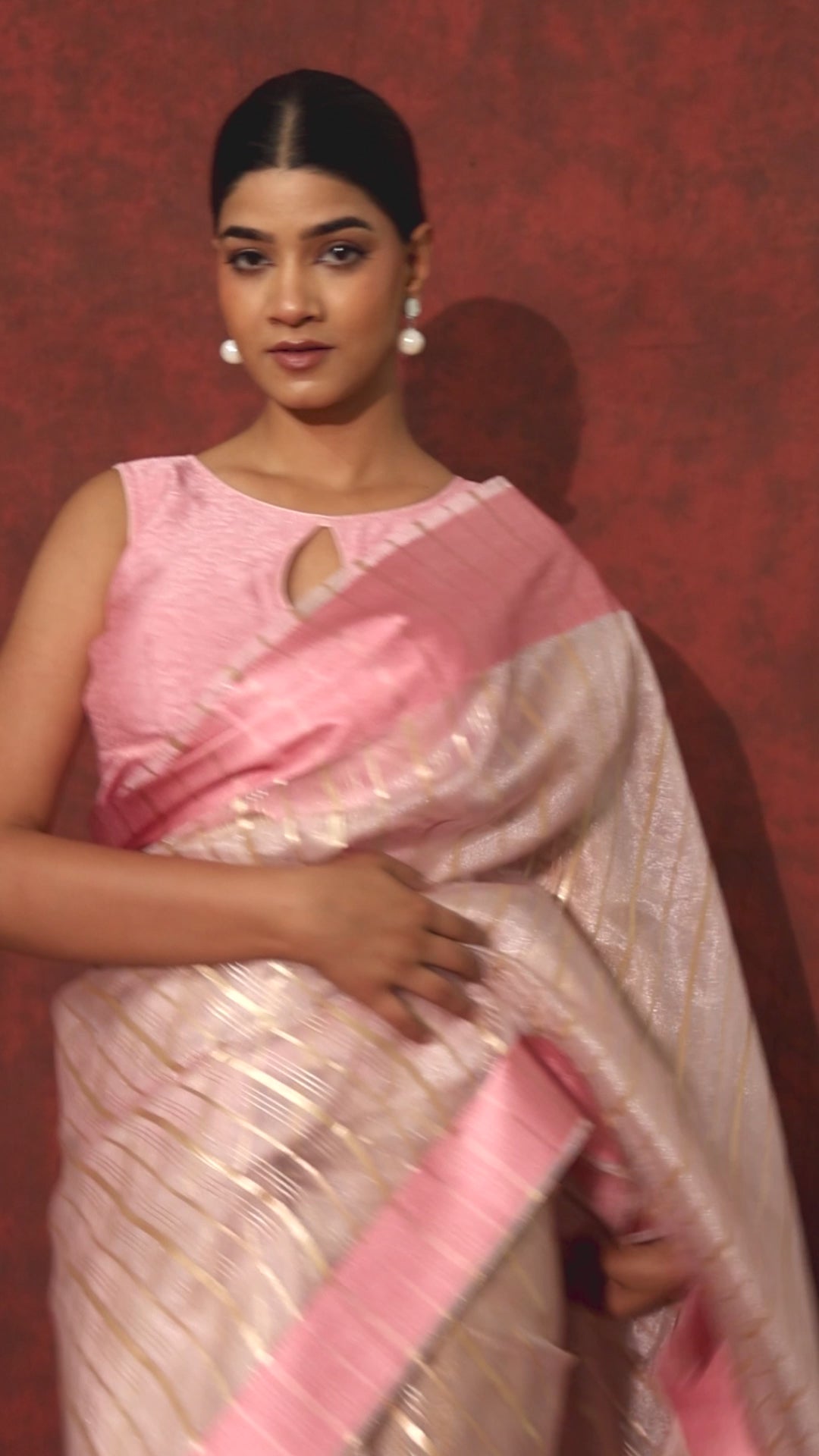 Rose pink color organza Saree with silver foil print Stripes